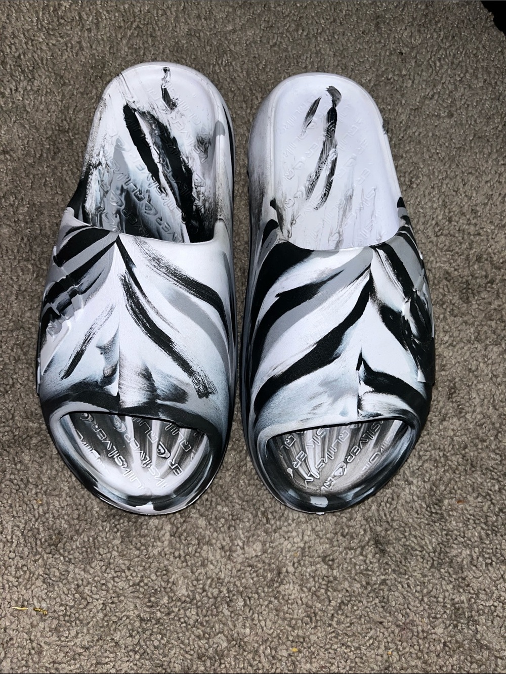 J/SLIDES White and Black Painted Zebra Slide Sandals